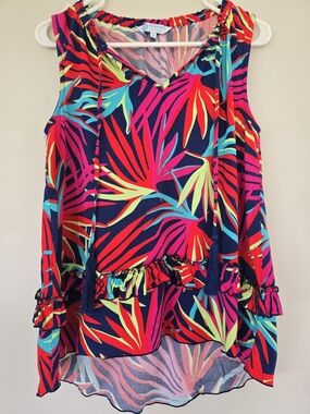 escapada Navy Multicolor Tropical Tassel Ruffle Sleeveless Top Women's L